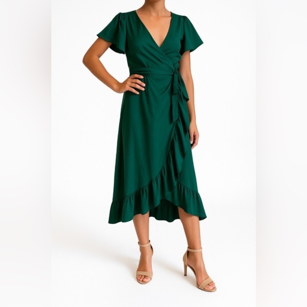 Mi Ami Francesca’s Green Satin Wrap Midi Dress Flutter Sleeve Ruffle Hem Size M - Picture 8 of 13